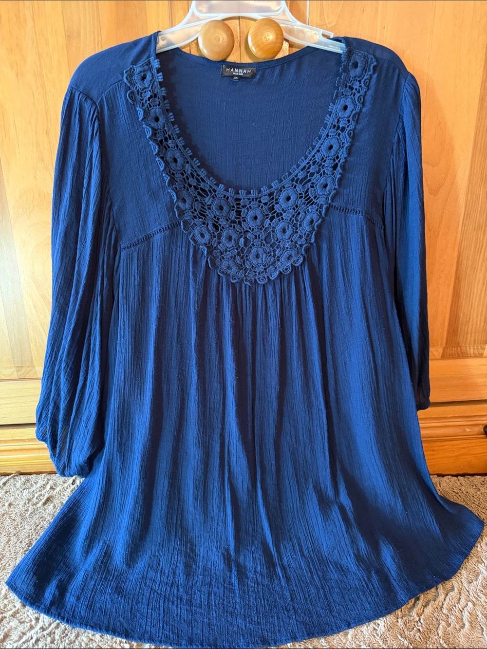 Hannah Plus Size 2X Deep Navy Crochet-Trim Peasant Tunic